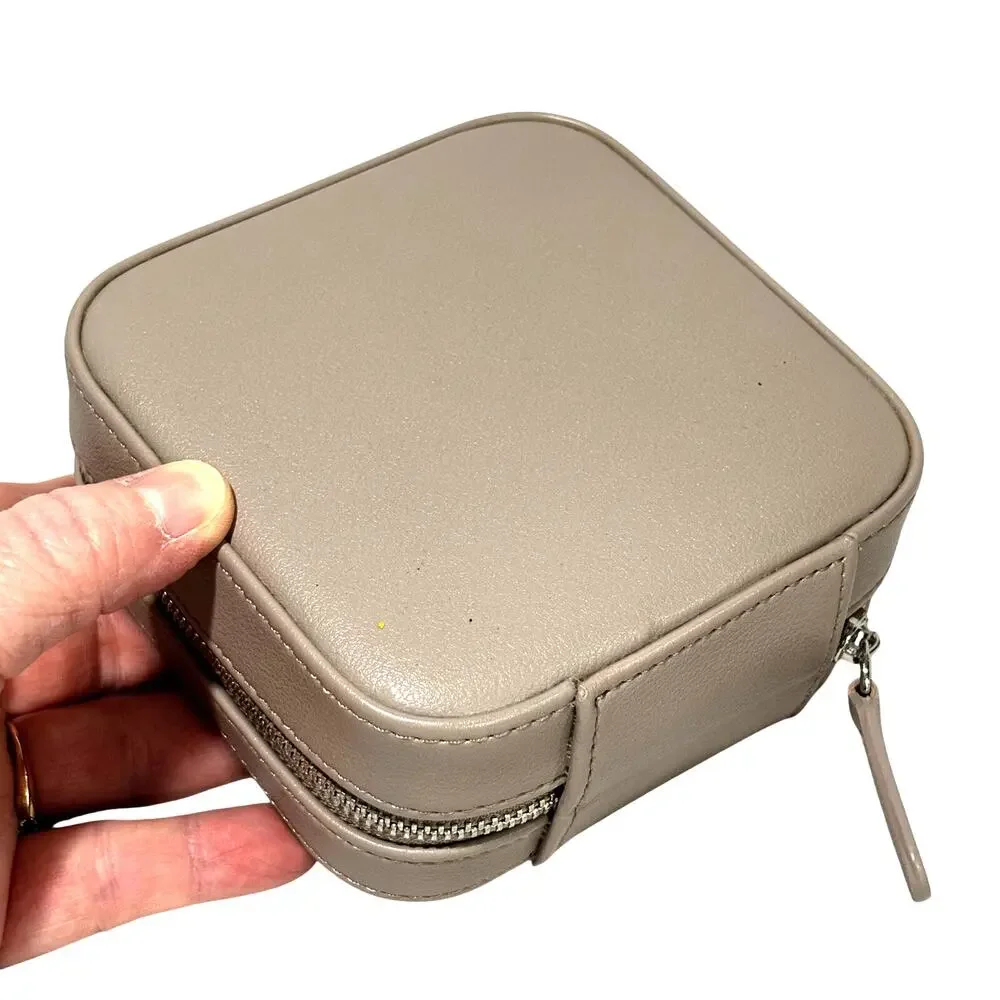 Gray leather zip around travel jewelry case small storage box organizer mirror